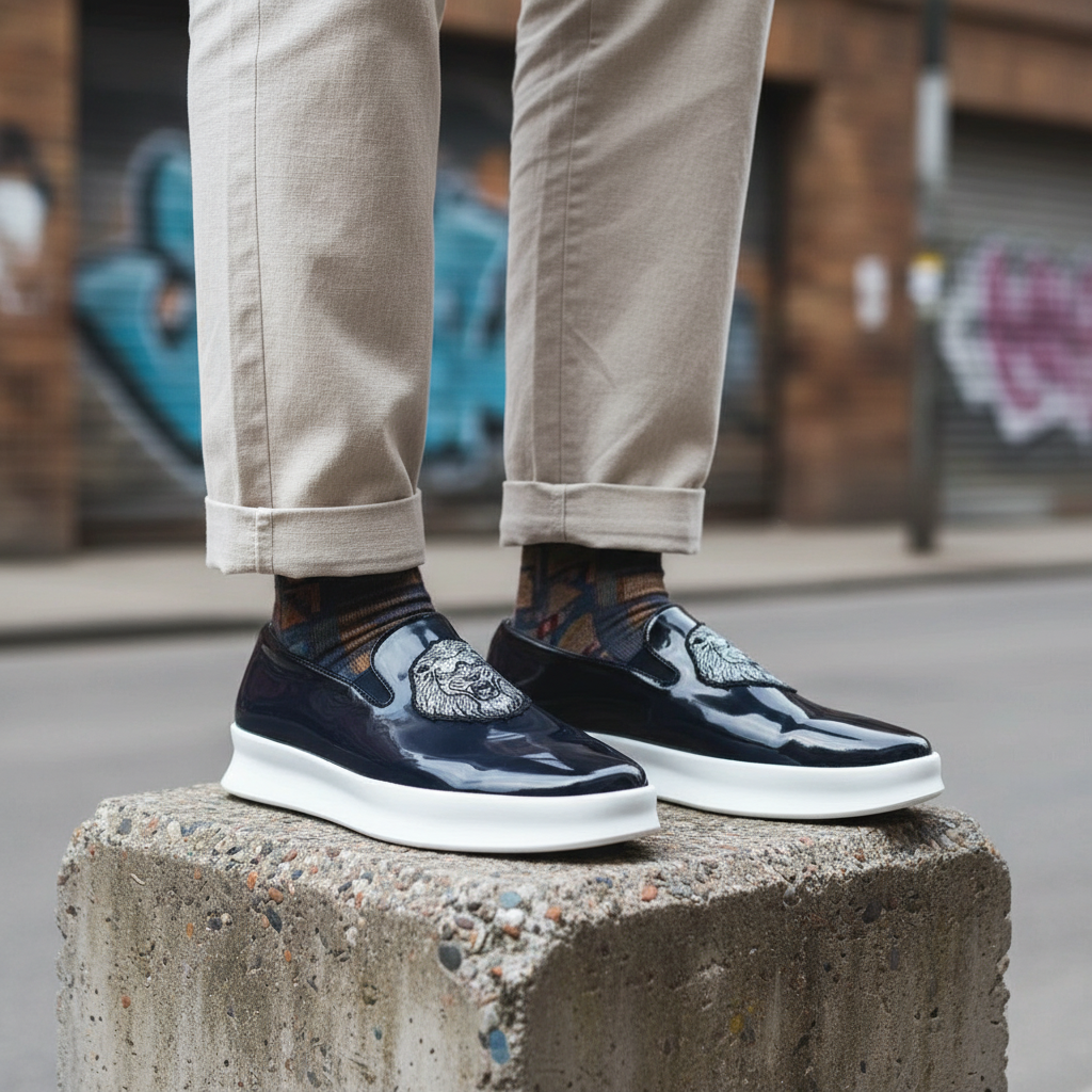 Model wearing navy blue patent leather slip-on sneakers with lion embroidery leg shot