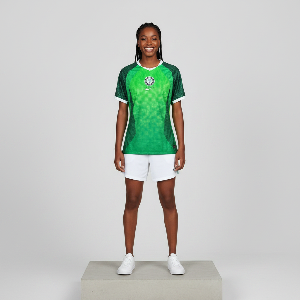 Nigerian female model wearing lime green Nigeria NFF home football jersey on concrete plinth