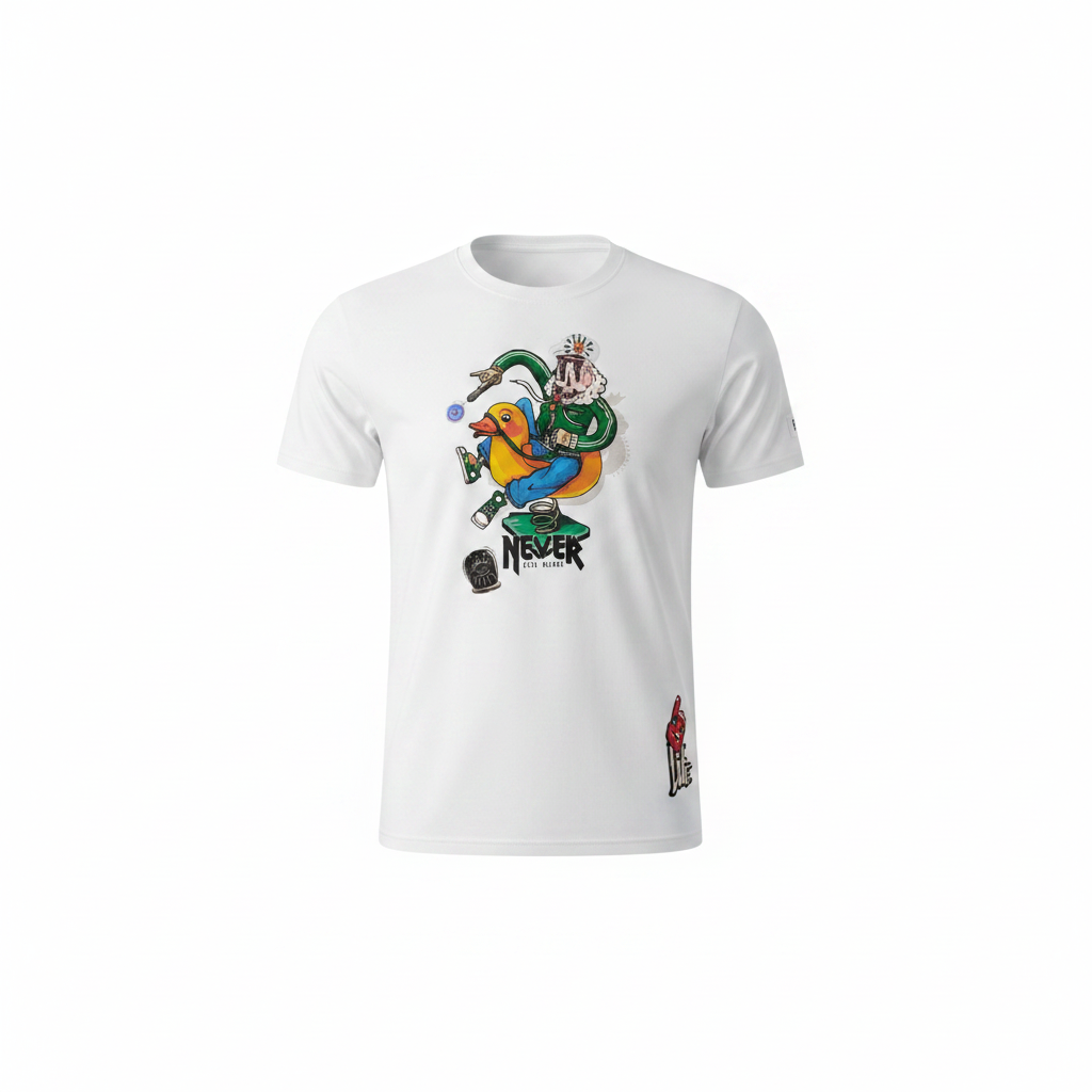 Men's white round-neck streetwear graphic t-shirt Never Seen Before print ghost mannequin view