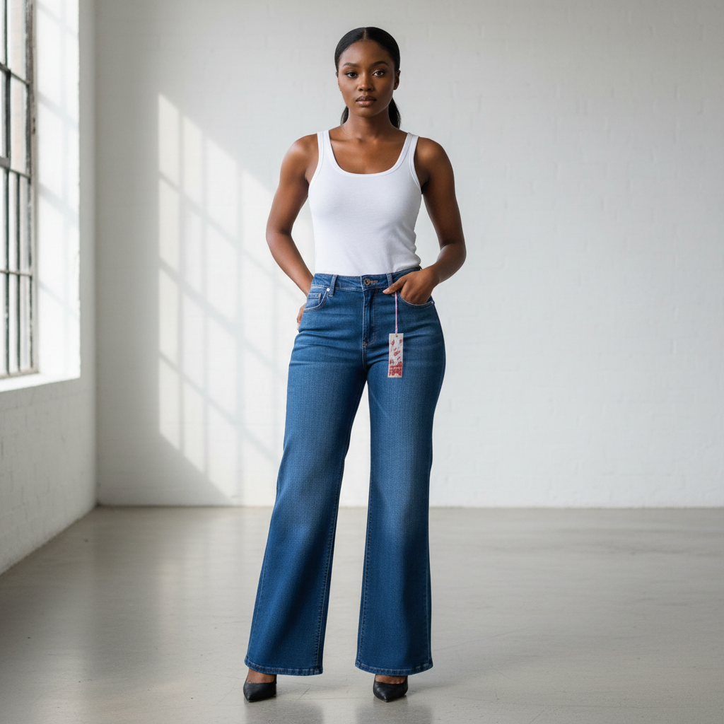 Nigerian female model wearing dark blue wide-leg flare jeans front view