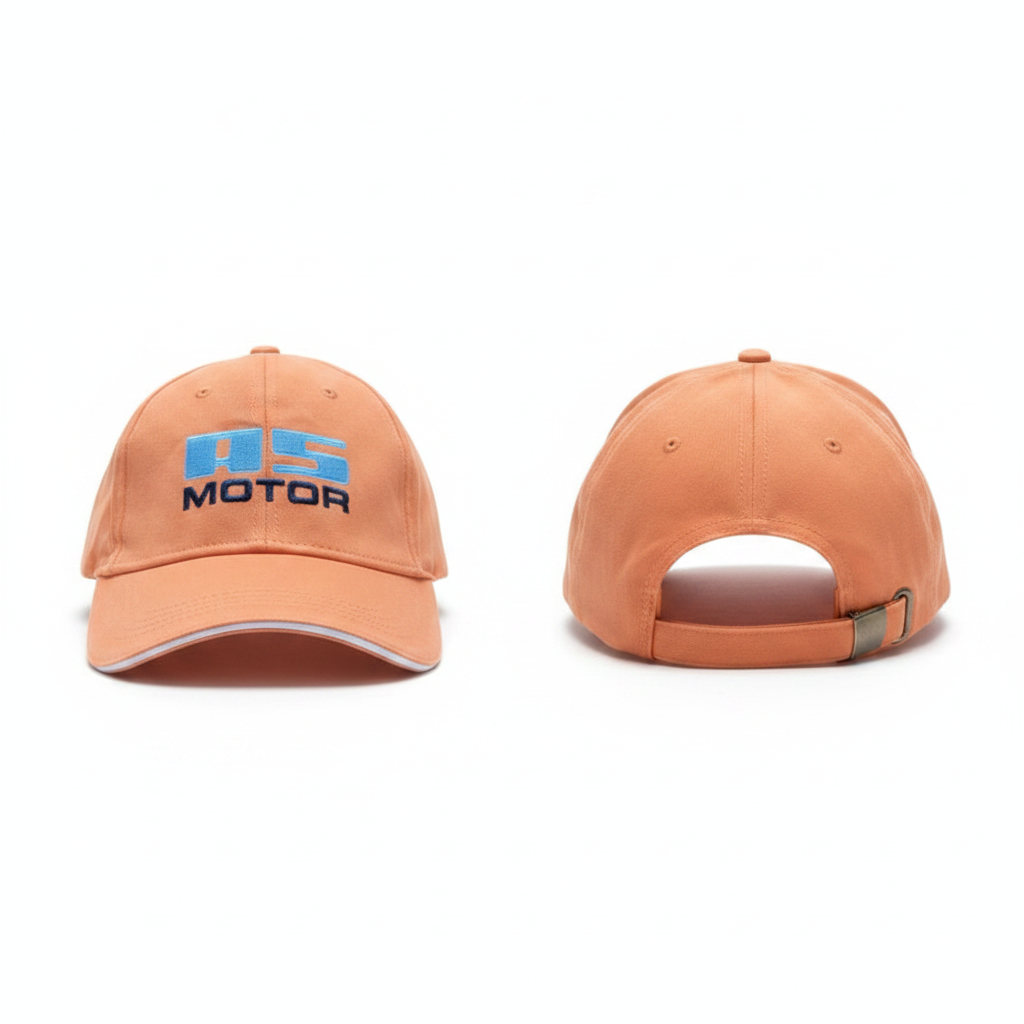 Peach orange embroidered slogan dad cap ghost mannequin front and side view