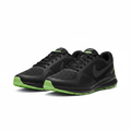 Men's all-black athletic running sneakers with lime green outsole ghost mannequin front view