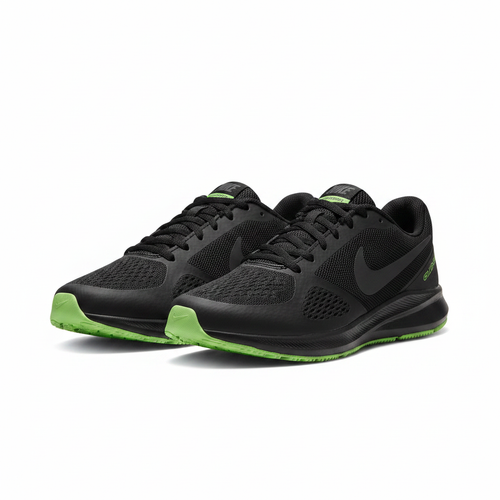 Men's all-black athletic running sneakers with lime green outsole ghost mannequin front view