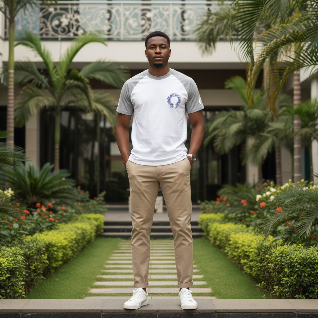Men's white grey raglan body-hug tee - Nigerian male model shot