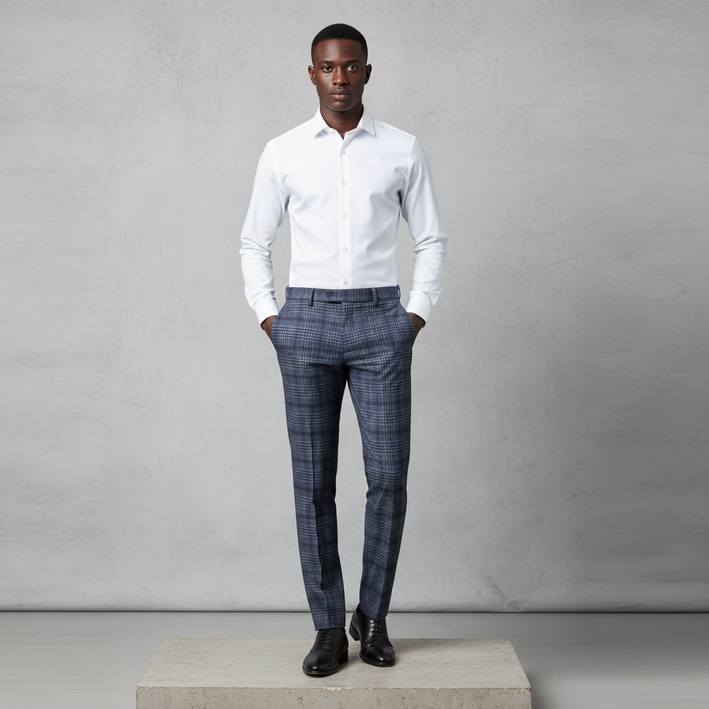 Navy Grey Glen Plaid Trousers – Front Model
