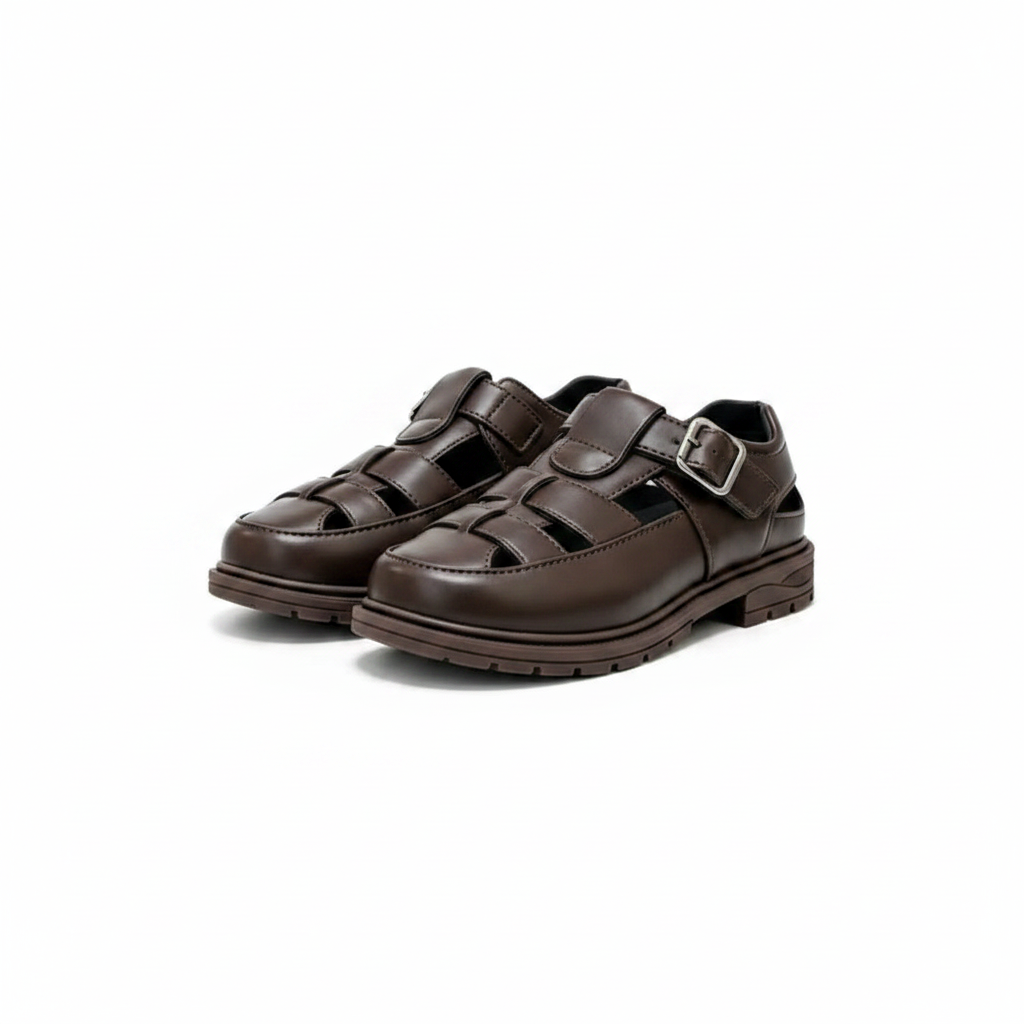Dark brown buckle strap school sandal pair — ghost mannequin front and side view