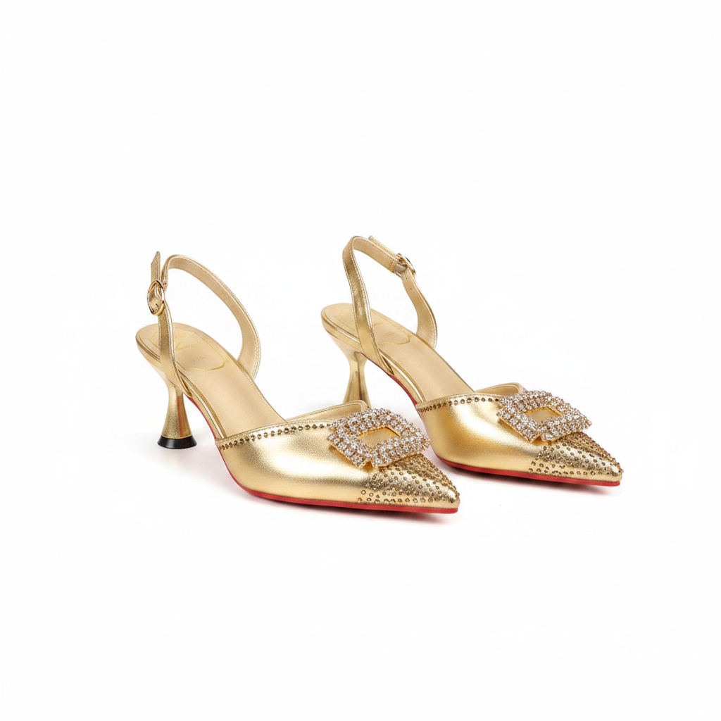 Ghost mannequin pair view of gold metallic rhinestone buckle pointed-toe slingback stiletto heels