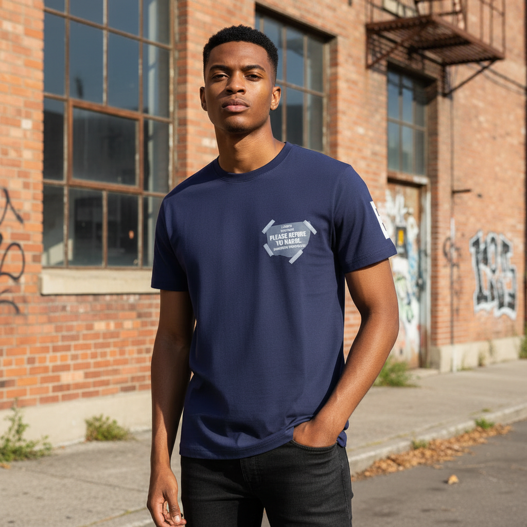 Young Nigerian male model wearing navy blue luxury graphic tee