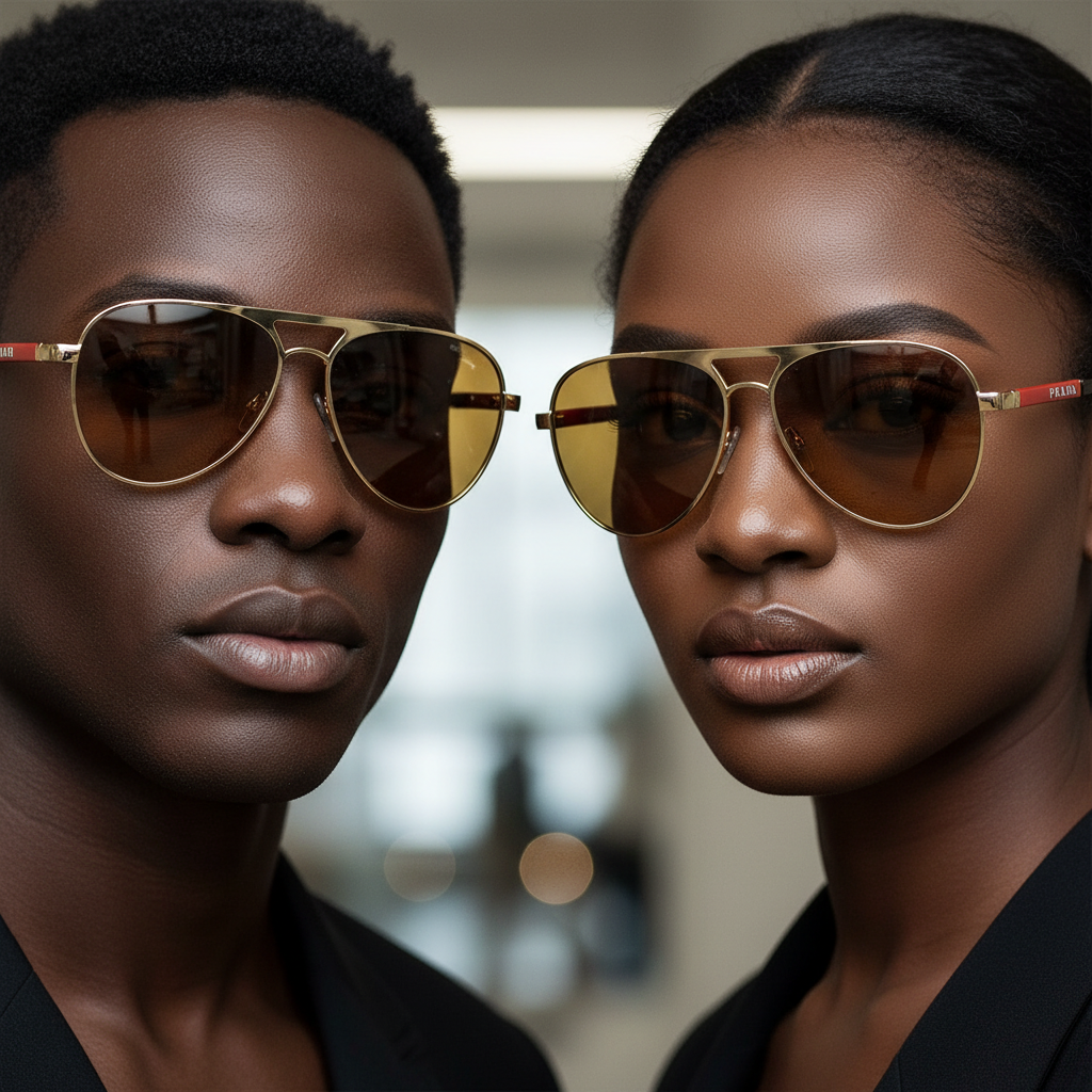 Nigerian male and female models wearing amber brown lens gold double-bridge aviator sunglasses with tortoiseshell temple and red accent hinge
