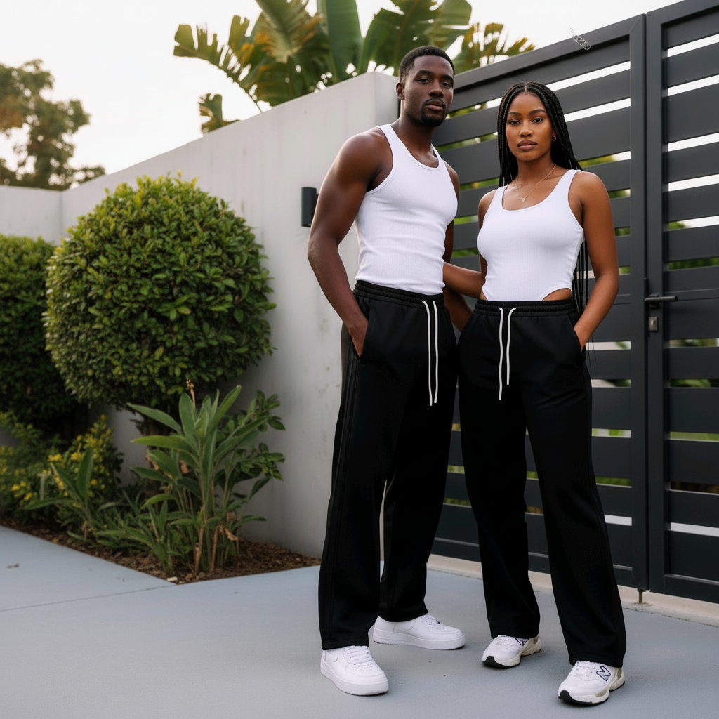 Nigerian male and female models wearing unisex black wide-leg jogger trousers, clean 1:1 square, no attachment