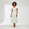 Cream Belted V-Neck Midi Dress - Front Model