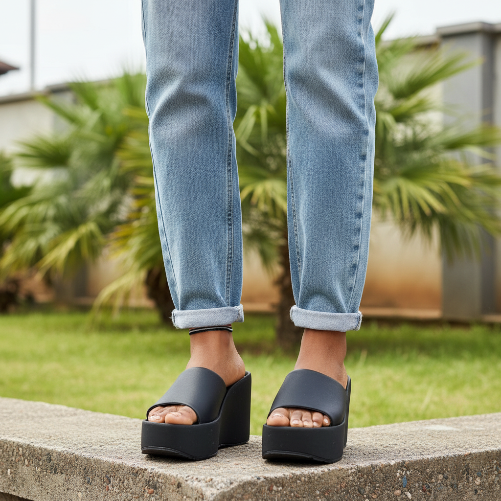 Women's Black Platform Wedge Slide Slipper - Model Leg Focus