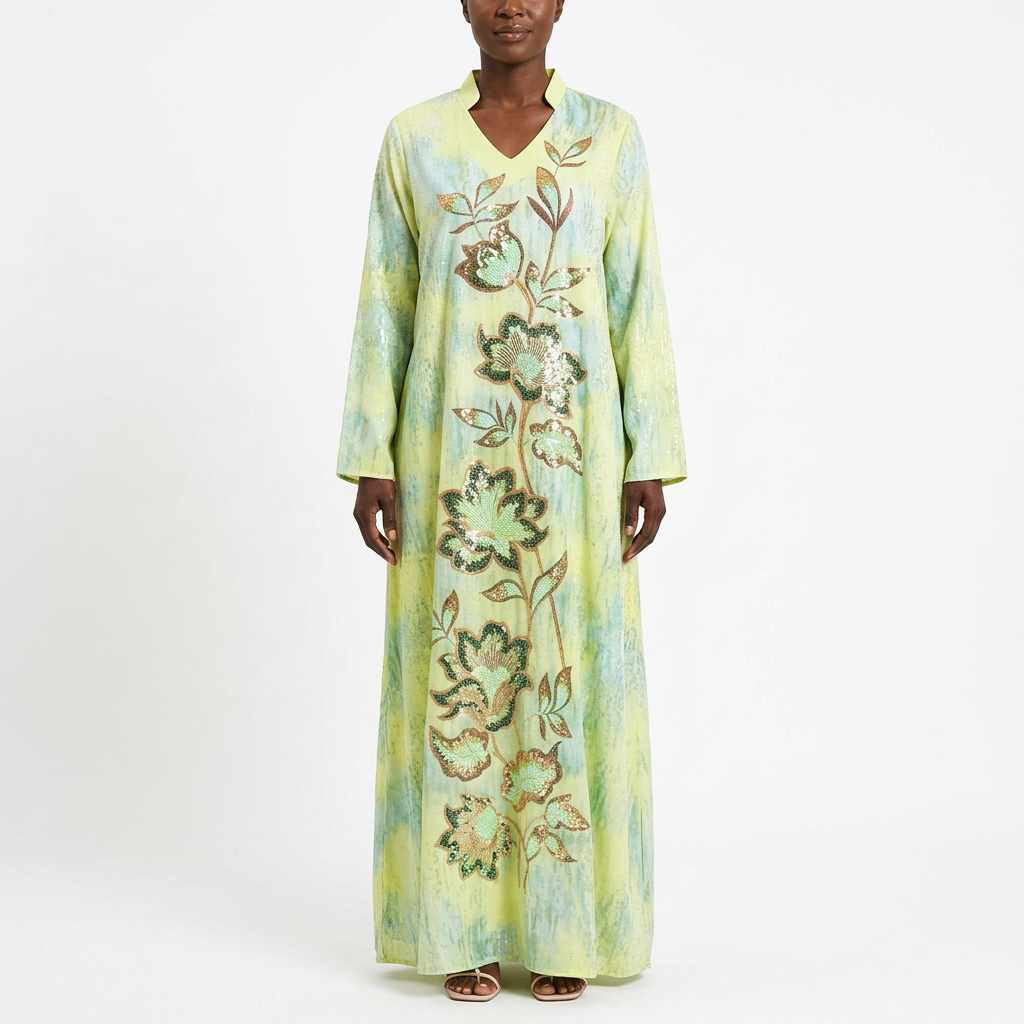 Woman wearing lime and aqua floral shimmer abaya