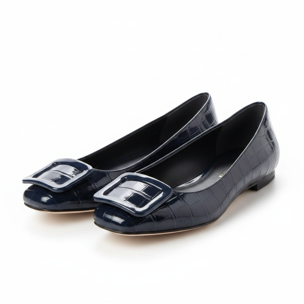 Women's navy blue croc-embossed flat pumps – ghost mannequin pair