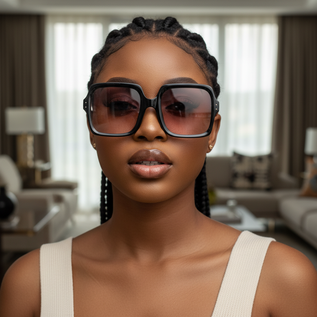 Women's Black Oversized Square Sunglasses with Pink Gradient Lens – Nigerian Female Model Face Shot
