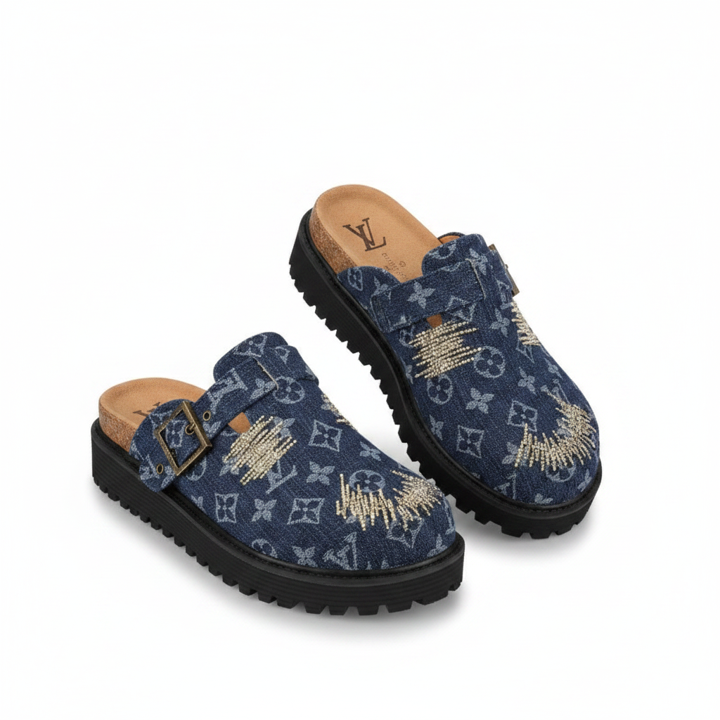 Denim blue monogram canvas rhinestone toe mule clog ghost mannequin product shot, plain white background