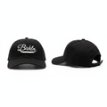 Black script embroidered baseball cap ghost mannequin front and rear-side view