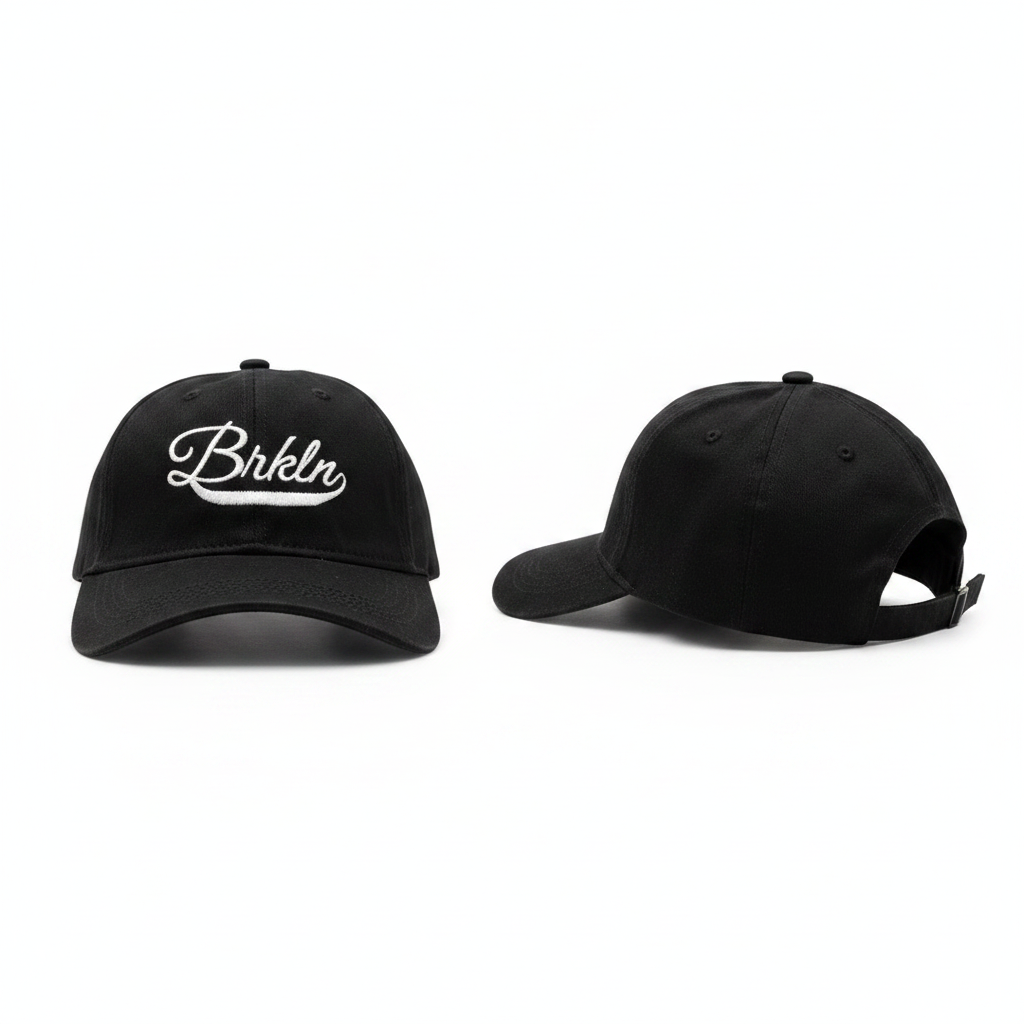 Black script embroidered baseball cap ghost mannequin front and rear-side view
