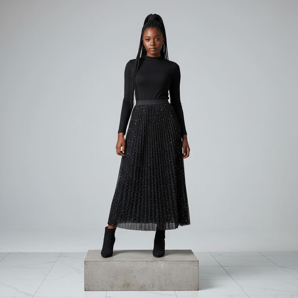 Black Glitter Dot Pleated Maxi Skirt - Model Shot