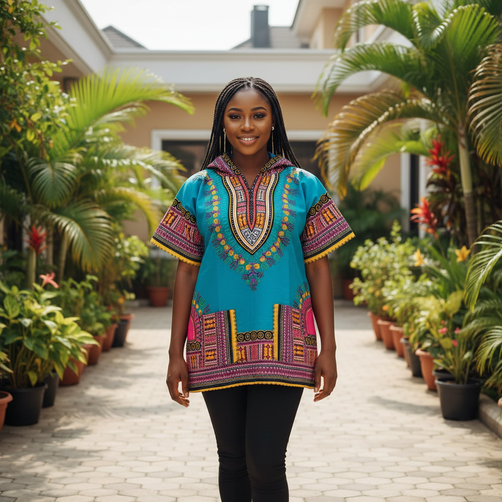 Nigerian female model wearing teal short-sleeve hooded Dashiki top with pink, gold and multicolour tribal African print