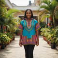 Nigerian female model wearing teal short-sleeve hooded Dashiki top with pink, gold and multicolour tribal African print