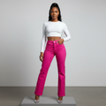 Hot Pink Side-Rhinestone Straight-Leg Jeans - Model Front