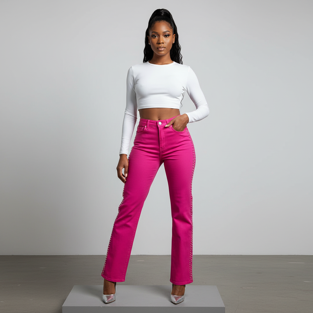 Hot Pink Side-Rhinestone Straight-Leg Jeans - Model Front