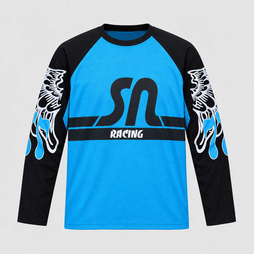 Ghost mannequin view of a blue and black graphic long-sleeve shirt