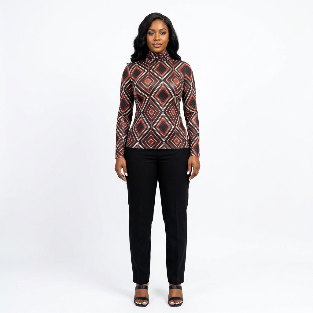 Full-body adult Black woman wearing a black diamond-print high-neck top