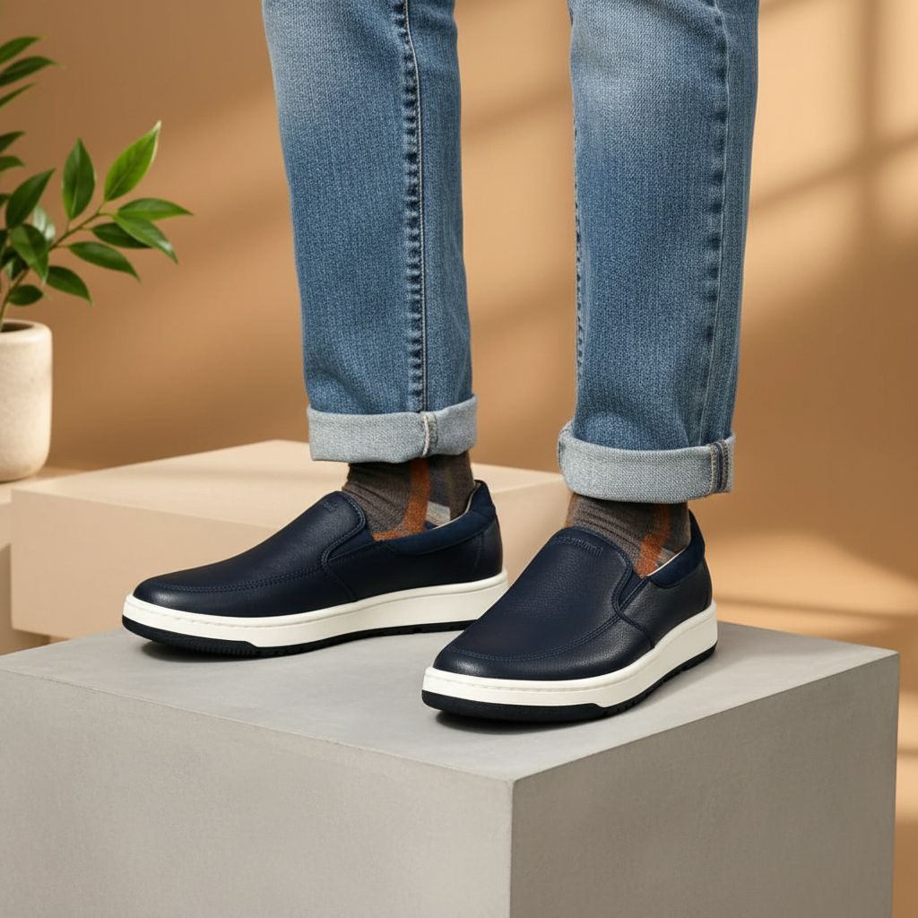 Men's Navy Blue Leather Slip-On Loafer – Leg Focus Model Shot