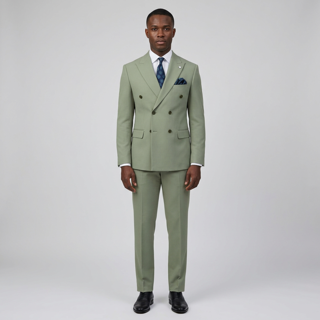 Full-body Black adult model wearing a sage green double-breasted suit