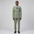 Full-body Black adult model wearing a sage green double-breasted suit