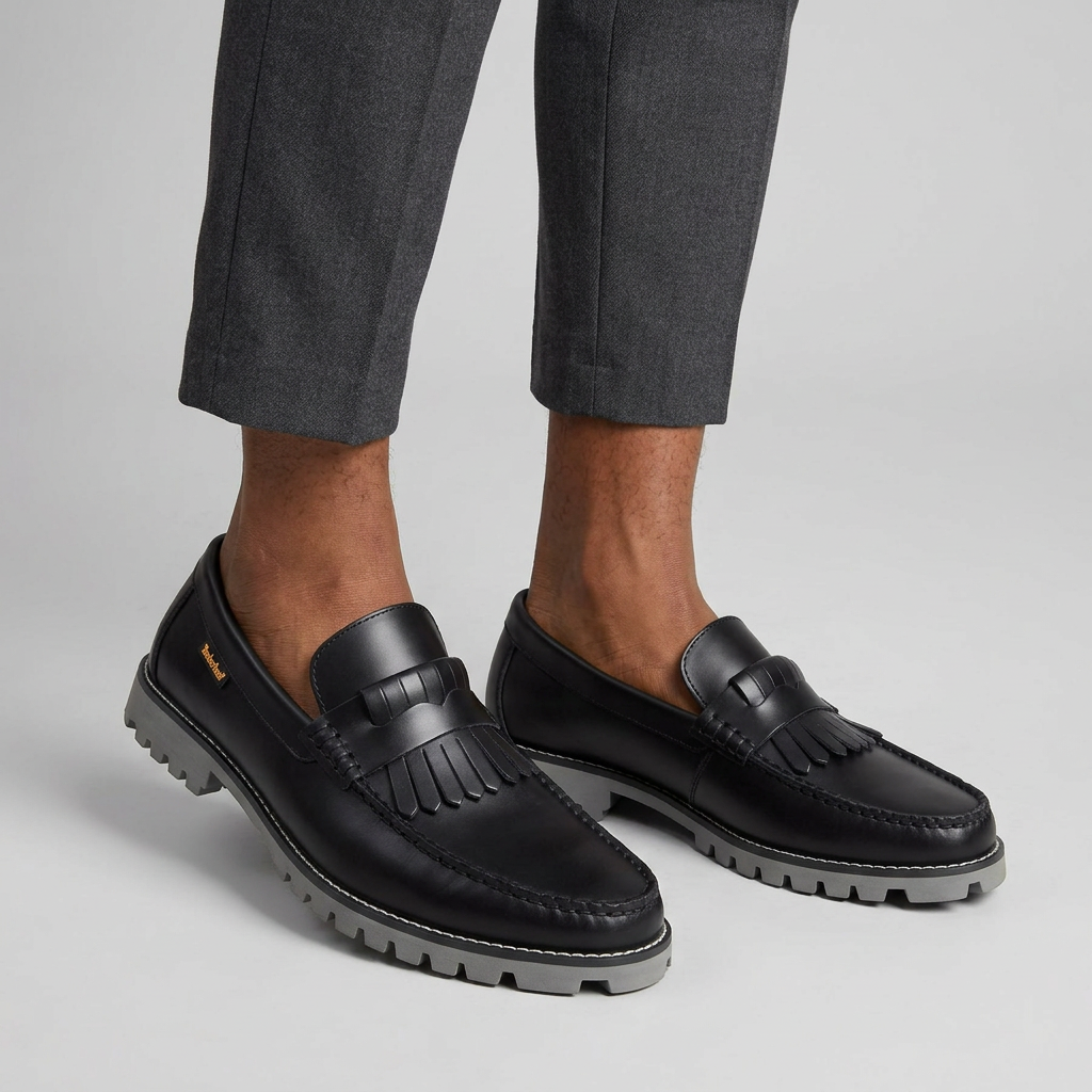 Corrected male model wearing original-design black fringe loafers with grey soles