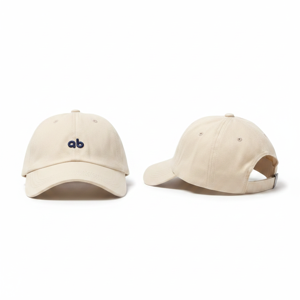 Cream off-white minimalist script logo dad cap ghost mannequin front and side view