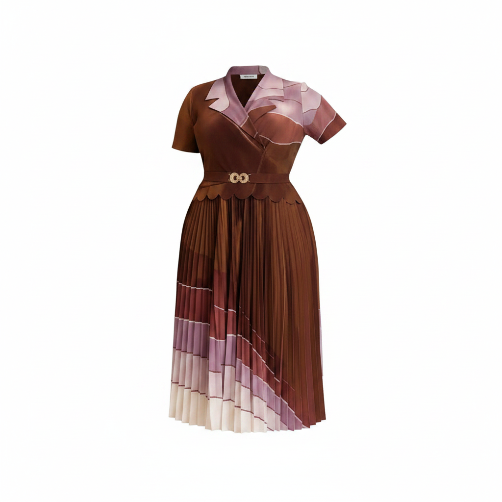 Women's Colour-Block Pleated Midi Dress - Ghost Mannequin Brown Mauve
