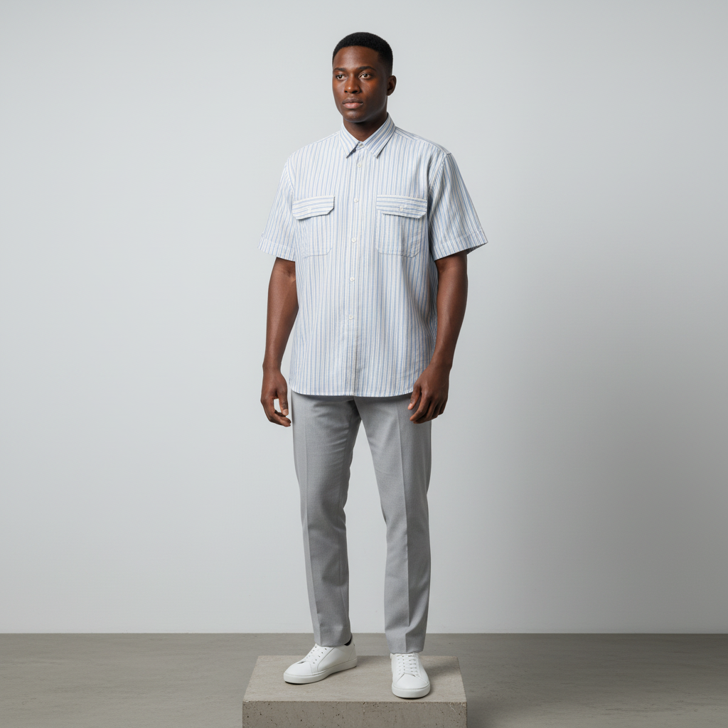 White Blue Yellow Multistripe Short-Sleeved Shirt - Model Shot