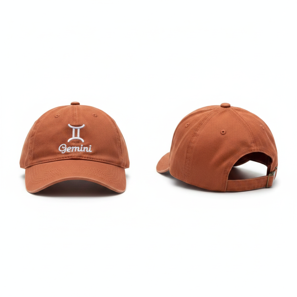 Gemini zodiac embroidered dad cap terracotta orange ghost mannequin front and side view