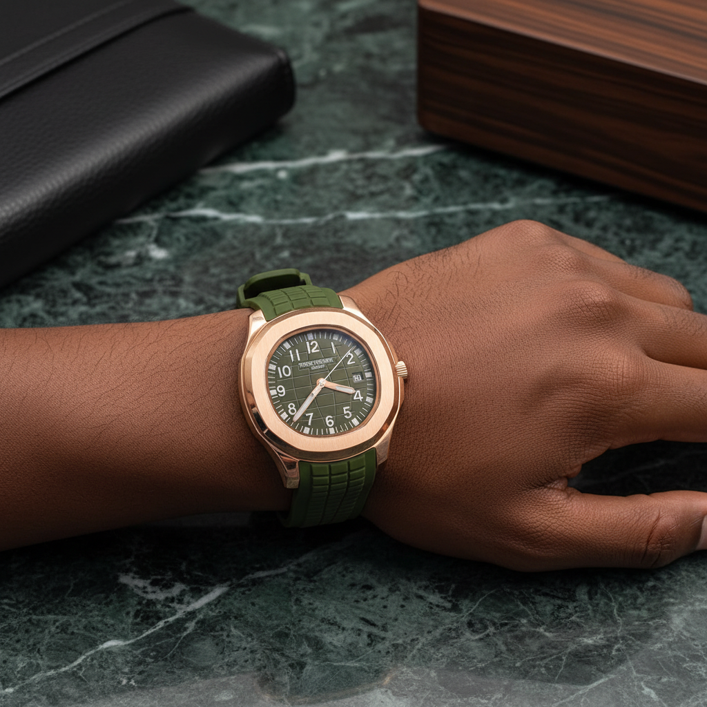 Nigerian man wrist shot wearing rose gold olive green dial rubber strap luxury watch