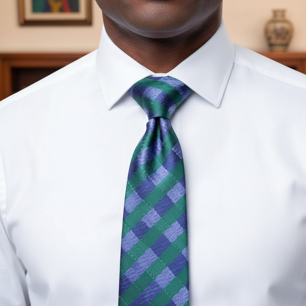 Nigerian male model wearing teal green and navy blue diagonal stripe necktie