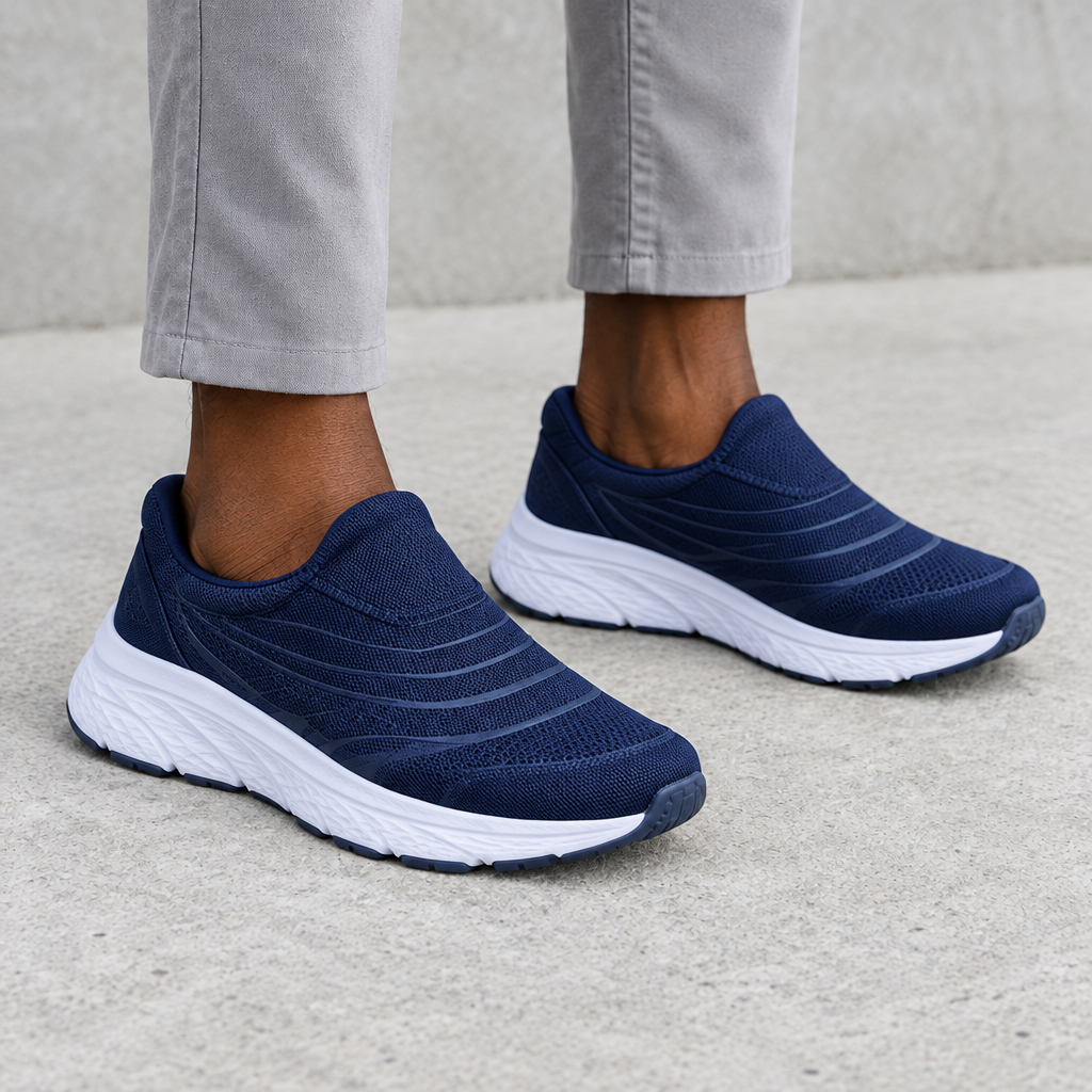 Navy mesh slip-on sneakers with white soles, worn on both feet