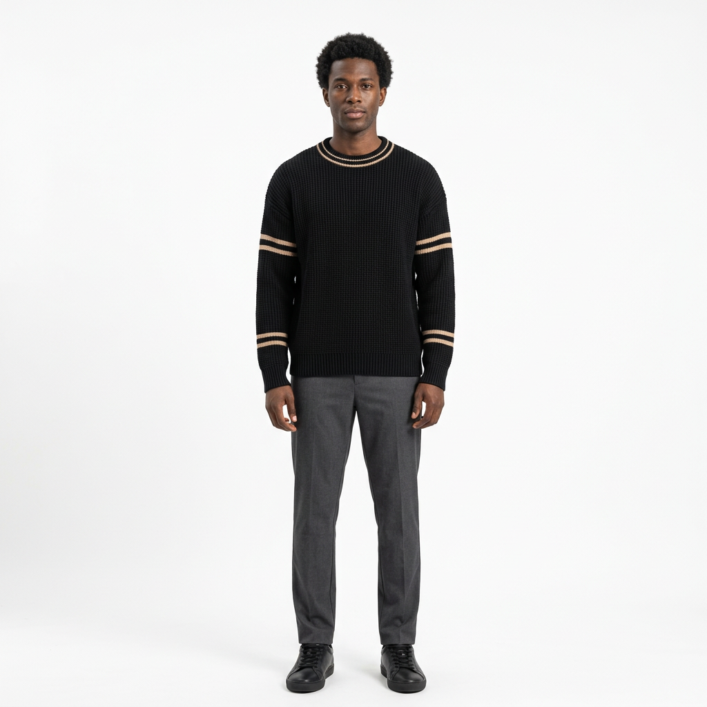 Full-body male model wearing a black beige-stripe crew-neck knit sweater