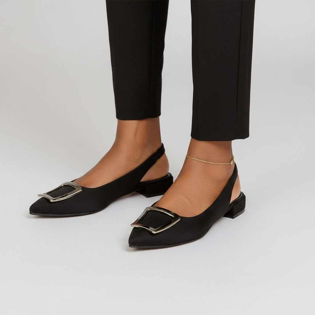 Women's Square Buckle Pointed-Toe Slingback Flat - Model Editorial Leg Zoom