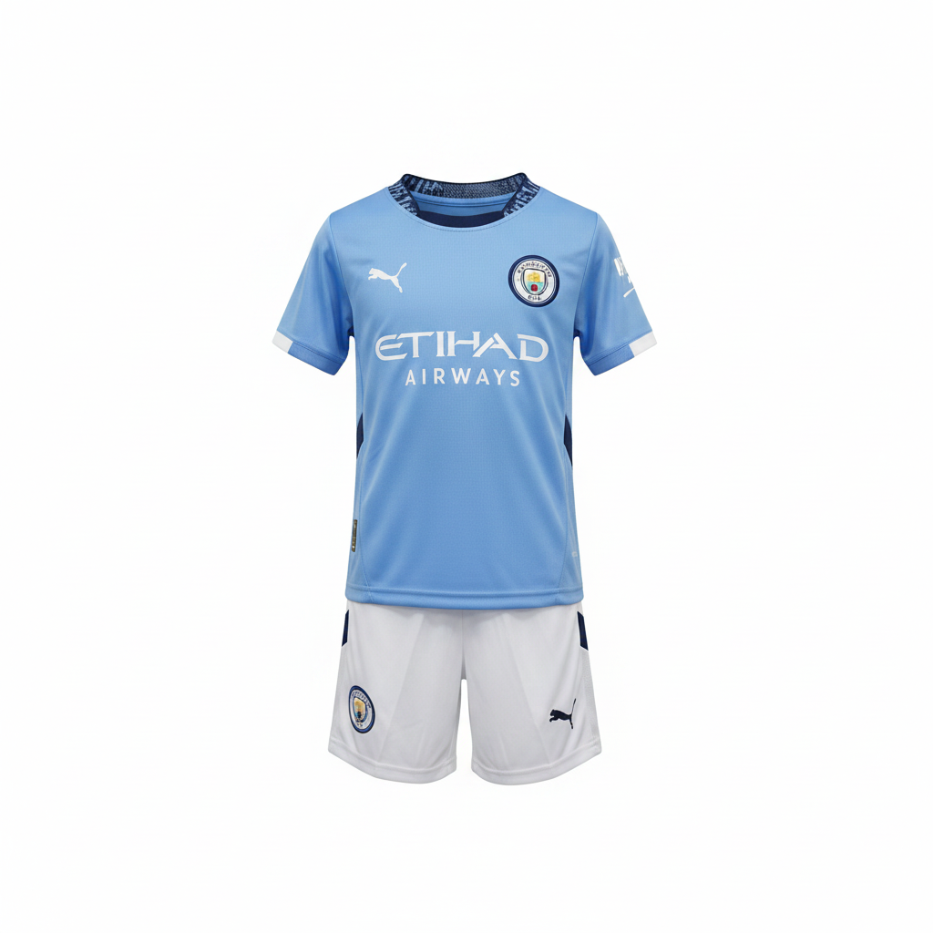 Kids' sky blue football jersey set – ghost mannequin front view on white background
