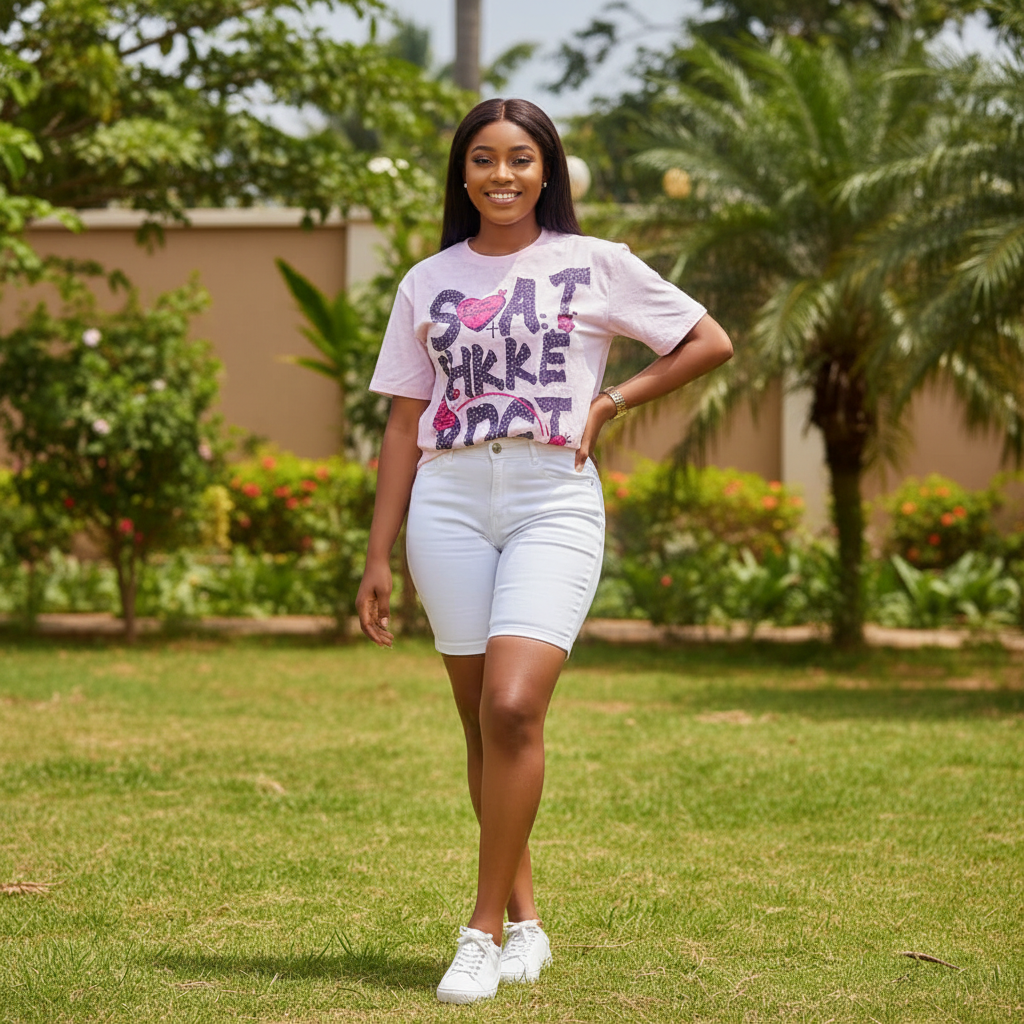 Women's light pink graffiti letter heart drip graphic crew neck tee - model shot