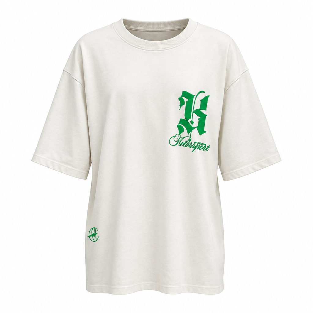 Cream oversized green gothic letter tee ghost mannequin