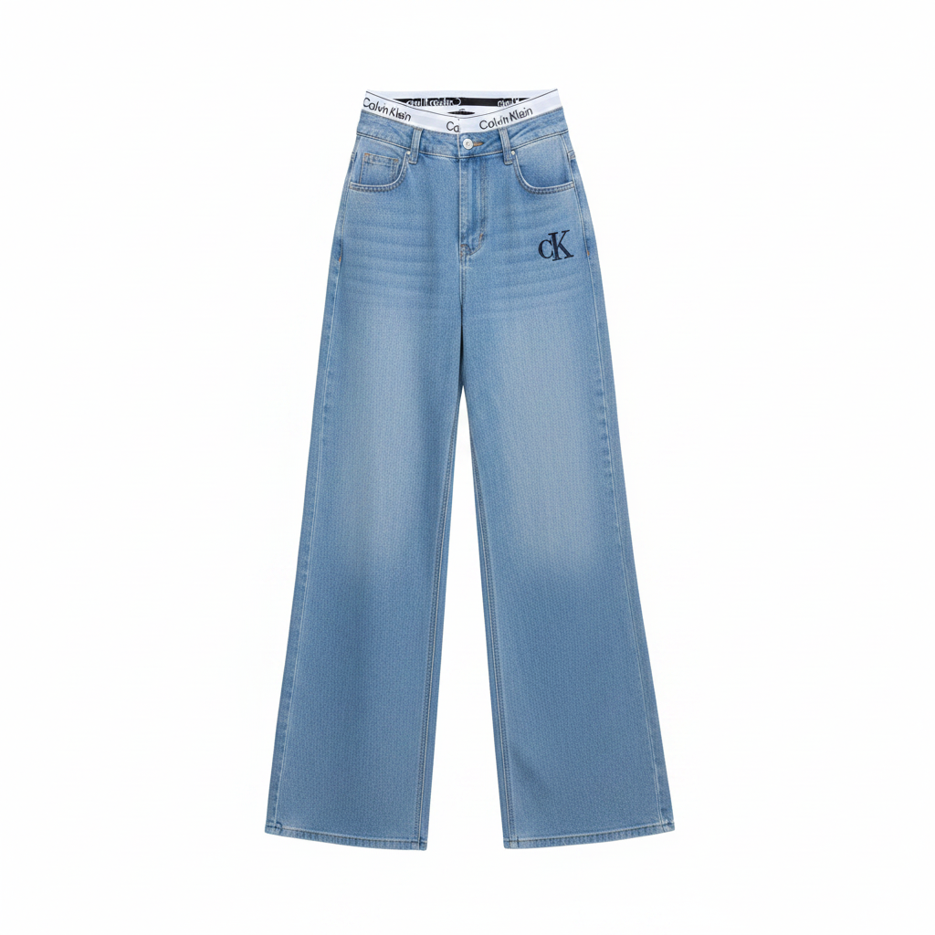 Ghost mannequin of light blue CK wide-leg high-rise jeans