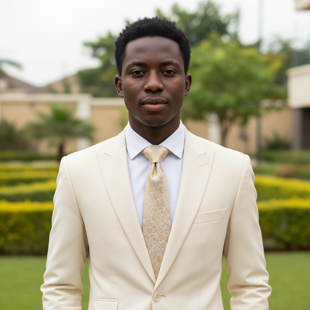 Nigerian male model wearing champagne gold tonal paisley jacquard woven necktie with white shirt and ivory suit
