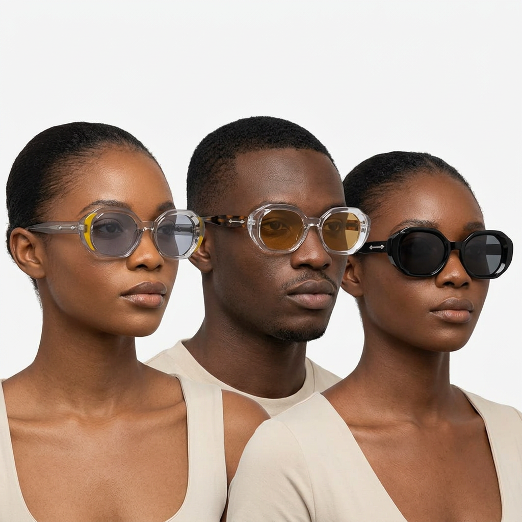Three Black adult models wearing transparent and black faceted round sunglasses