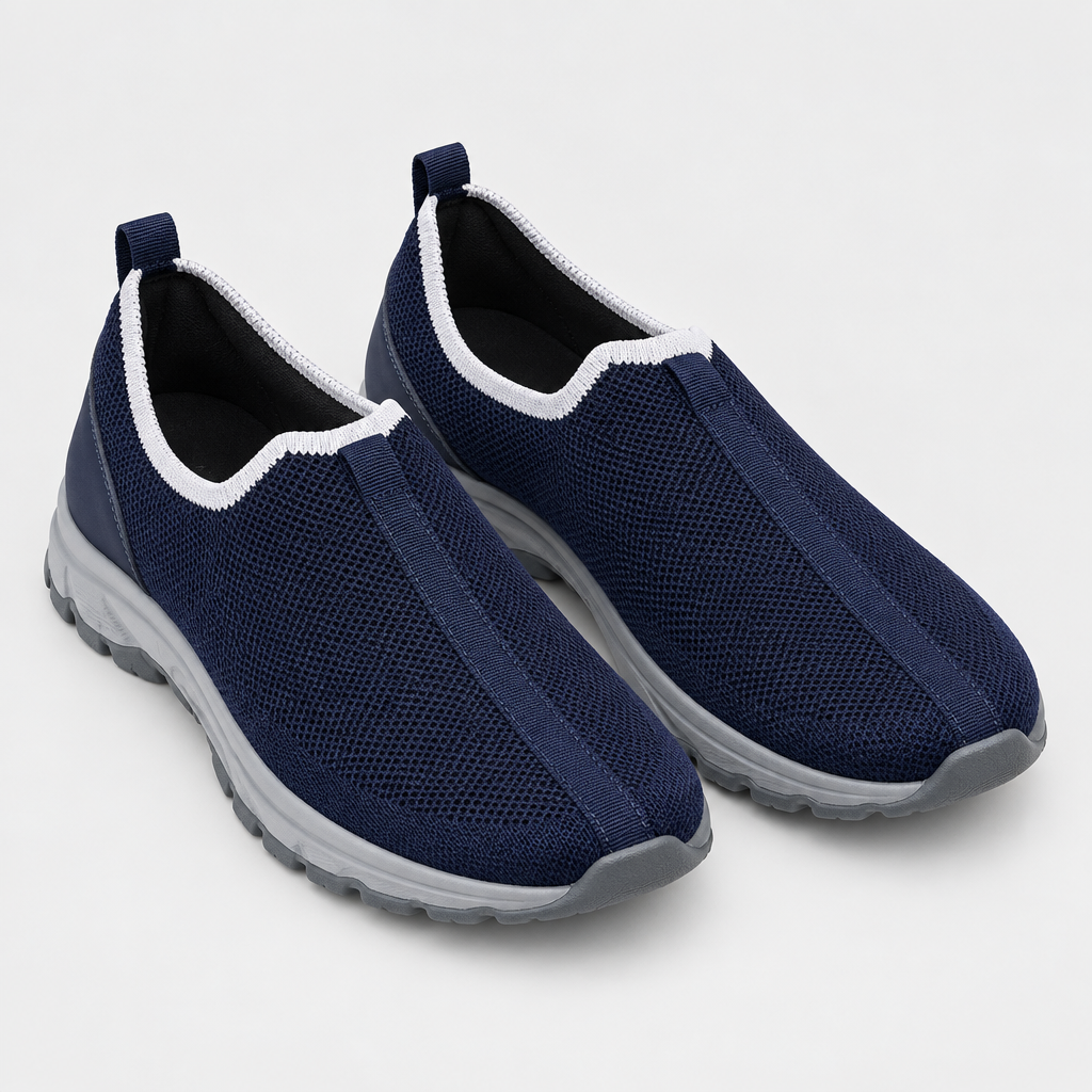 Navy blue slip-on sneaker pair on a clean background