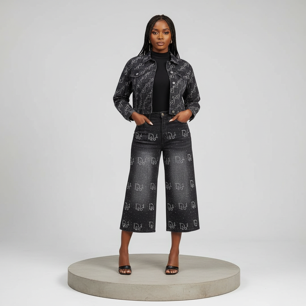 Dark Grey Rhinestone 3/4 Denim Trousers - Model Front